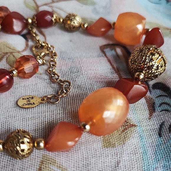 Robert Rose Signed Acrylic Tumbled Stones Gold Filigree Beads Choker Necklace - Picture 12 of 14